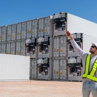 A man in a safety vest and helmet gestures at stacked shipping containers under a clear blue sky.